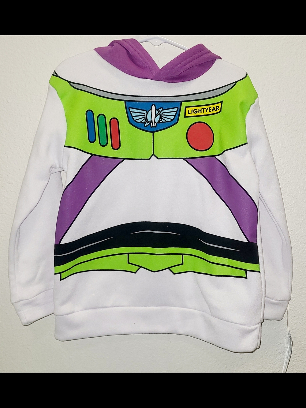 Buzz Lightyear Pullover Hoodie in White, Green & Purple Size 5/6
